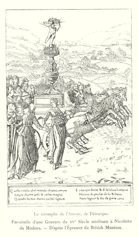 The Triumph of Love, av Petrarch, faksimile av en gravering fra 1400-tallet tilskrevet Nicoletto da Modena, etter British Museum Print (gravering) av Italian School