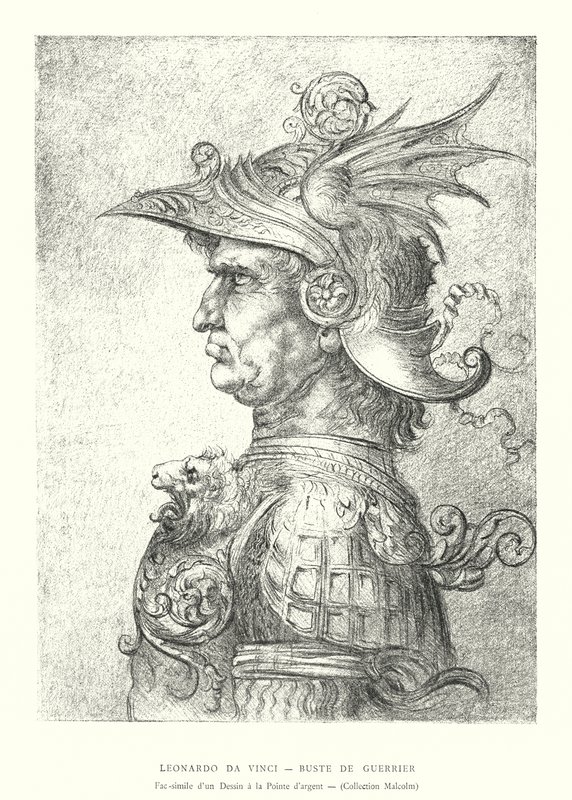 Leonardo da Vinci, Bust of a Warrior, Faksimile of a Silverpoint Drawing, Malcolm Collection (gravering) av Italian School