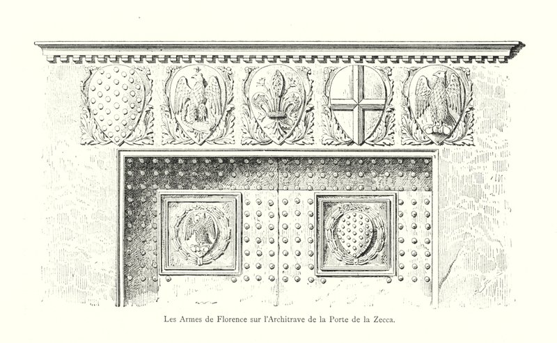 The Arms of Florence på Architrave of Porte de la Zecca (gravering) av Italian School