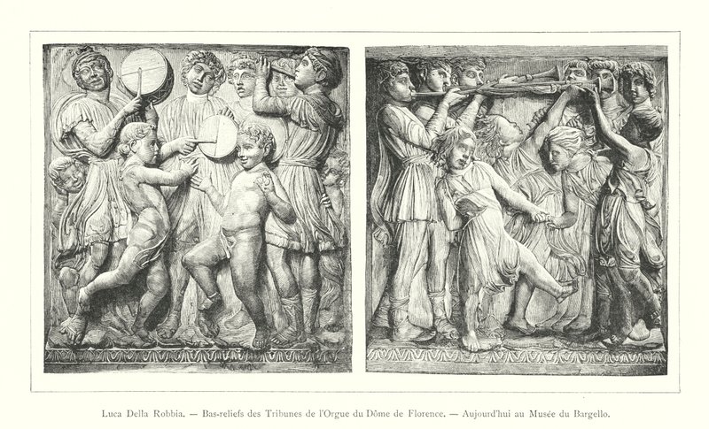 Luca Della Robbia, basrelieffer fra orgelgalleriet i domen i Firenze, i dag i Bargello-museet (gravering) av Italian School