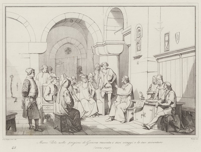 Marco Polo i fengslene i Genova forteller om sine reiser og sine eventyr av Italian School