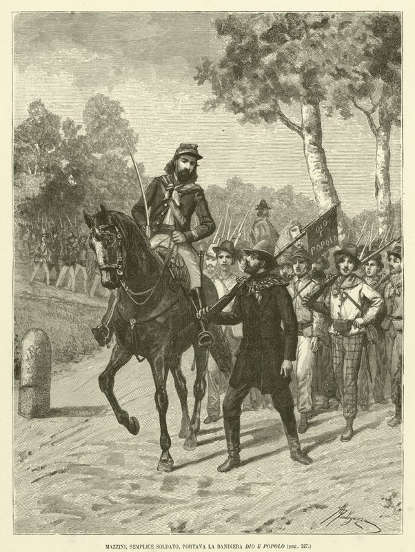 Mazzini, enkel soldat, bar flagget til Gud og mennesker (gravering) av Italian School