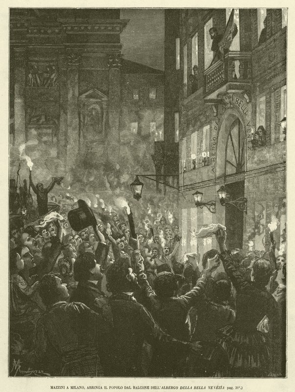 Mazzini i Milano, Arringa folket fra balkongen til Albergo Della Bella Venezia (gravering) av Italian School
