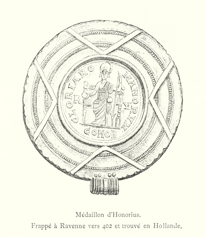 Medallion of Honorius, truffet ved Ravenna rundt 402 og funnet i Holland (gravering) av Italian School