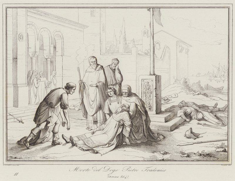 Doge Pietro Tradonicos død, 864 (gravering) av Italian School