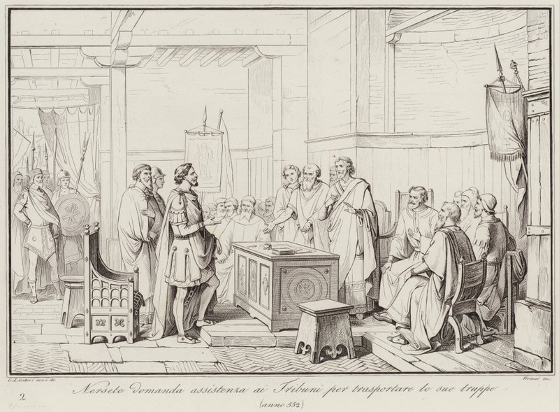 Nersete ber Tribunes om hjelp til å transportere troppene sine, 552 (gravering) av Italian School