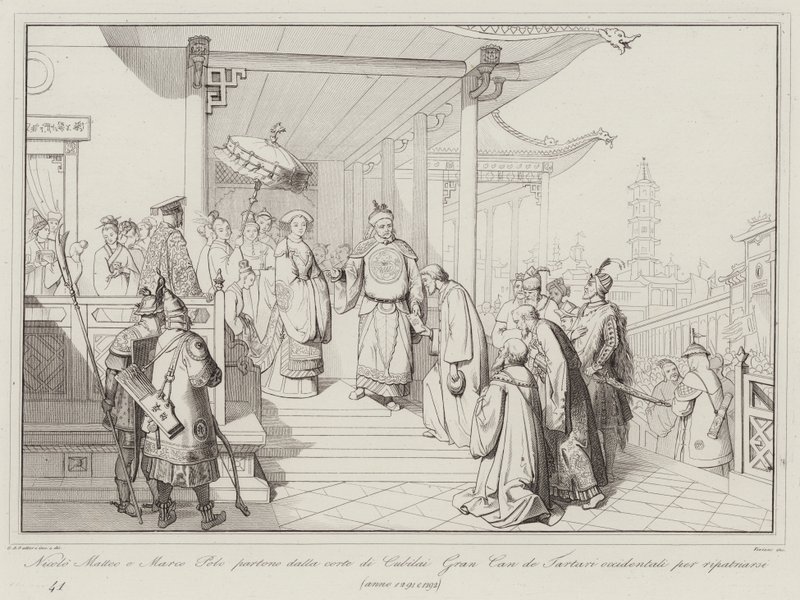 Nicolo Matteo og Marco Polo drar fra domstolen til Cubilai Gran Can de Western Tartars for å repatriere av Italian School