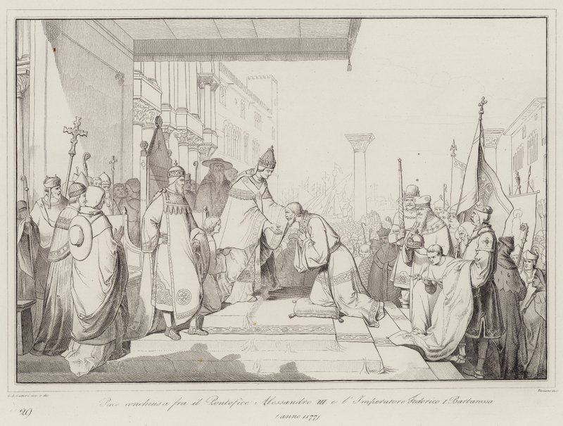 Fred ble sluttet mellom pave Alexander III og keiser Frederick I Barbarossa av Italian School