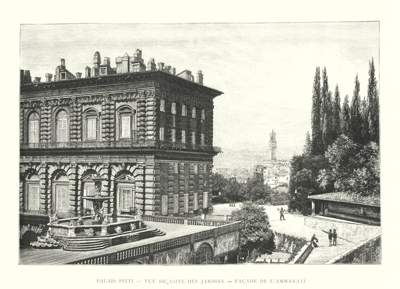 Pitti-palasset, utsikt fra siden av hagen, fasaden til Ammanati (gravering) av Italian School