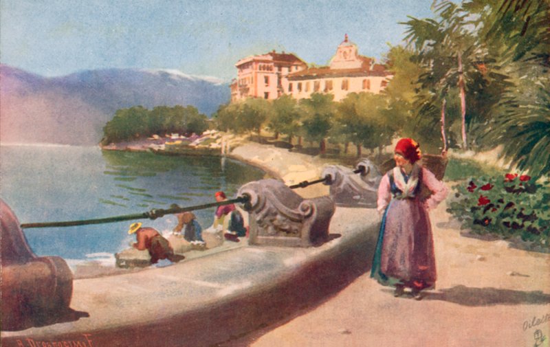 Pallanza, Lago Maggiore, Italia (farge litho) av Italian School