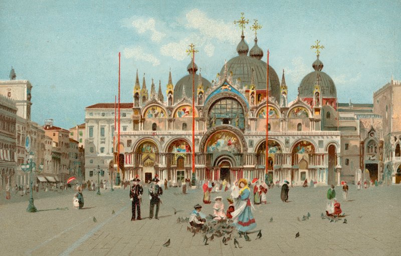 Markusplassen og Markuskirken, Venezia, Italia (chromolitho) av Italian School