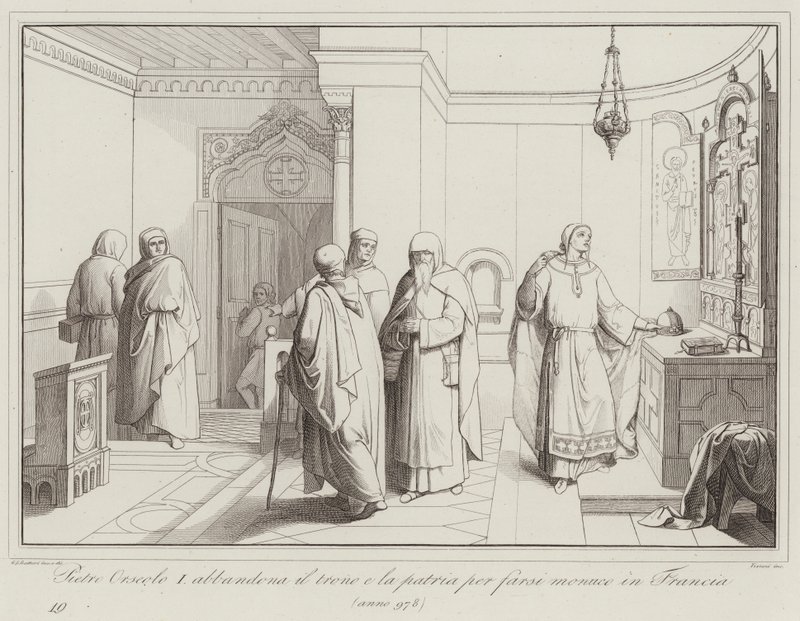 Pietro Orseolo I forlater tronen og hjemlandet for å bli munk i Frankrike, 978 (gravering) av Italian School