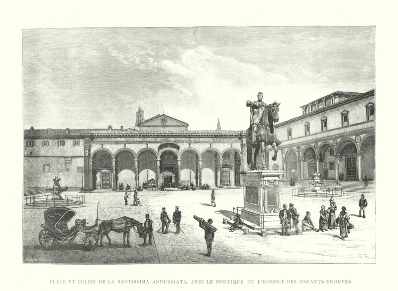 Plassen og kirken Santissima Annunziata, med portikoen til Hospice des Enfants-Trouves (gravering) av Italian School