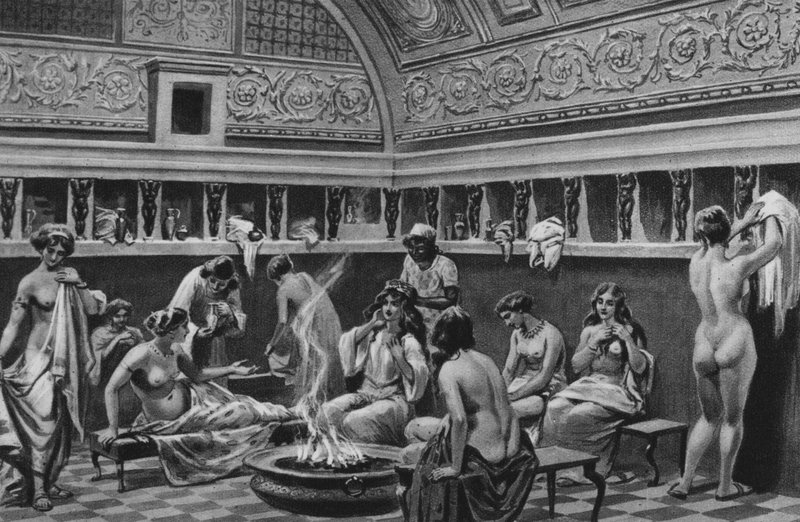 Pompeii: Interiør i forumets bad (litho) av Italian School
