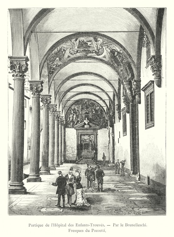 Portico of the Foundling Hospital, av Brunelleschi, fresker av Poccetti (gravering) av Italian School