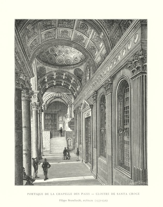 Portiko av kapellet til Pazzi, Cloister of Santa Croce, Filippo Brunelleschi, arkitekt av Italian School