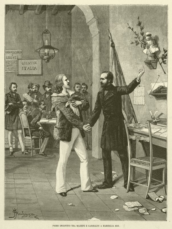 Første møte mellom Mazzini og Garibaldi i Marseille 1833 (gravering) av Italian School
