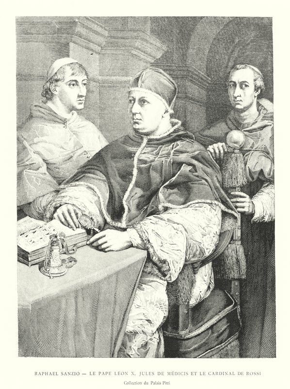Raphael Sanzio, Le Pape Leon X, Jules de Medici og kardinal de Rossi, Collection du Palais Pitti (gravering) av Italian School