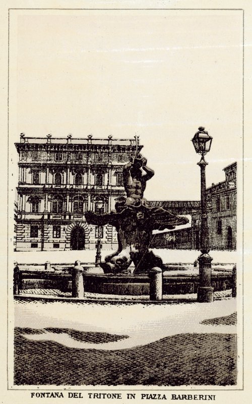 Roma: Tritonfontenen på Piazza Barberini (litho) av Italian School