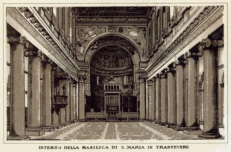 Roma: Interiør av basilikaen S Maria In Trastevere (litho) av Italian School