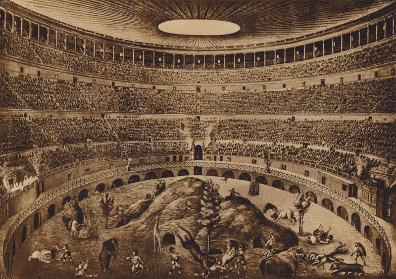 Roma / Roma: Colosseums interiør, Jakten på ville dyr, historisk rekonstruksjon (litografi) av Italian School