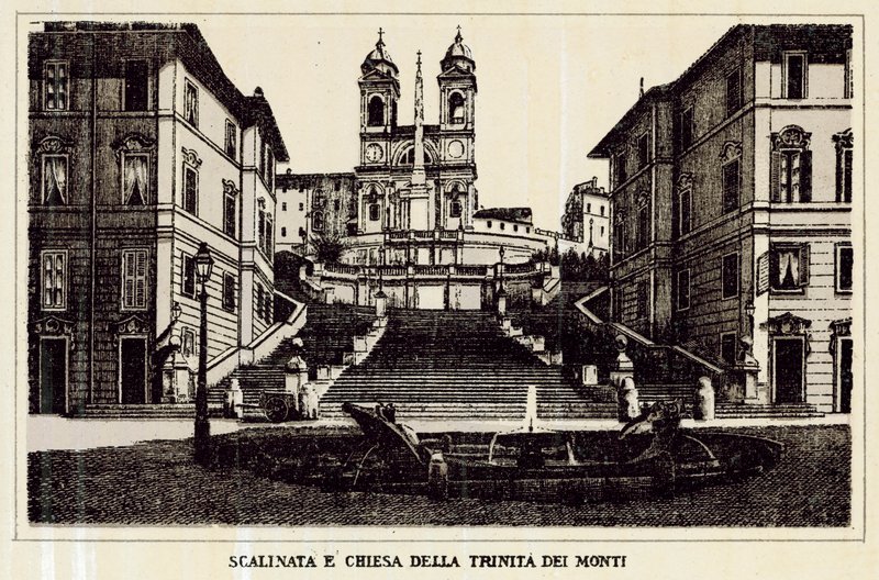 Roma: Trappen og kirken Trinita Dei Monti (litho) av Italian School