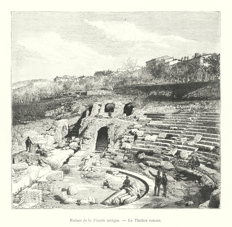 Ruinene av det gamle Fiesole, Det romerske teateret (gravering) av Italian School