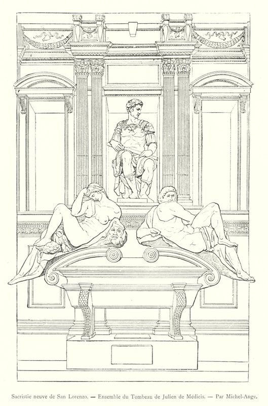 Det nye sakristiet i San Lorenzo, Ensemble of the Tomb of Giuliano de Medici, av Michelangelo (gravering) av Italian School