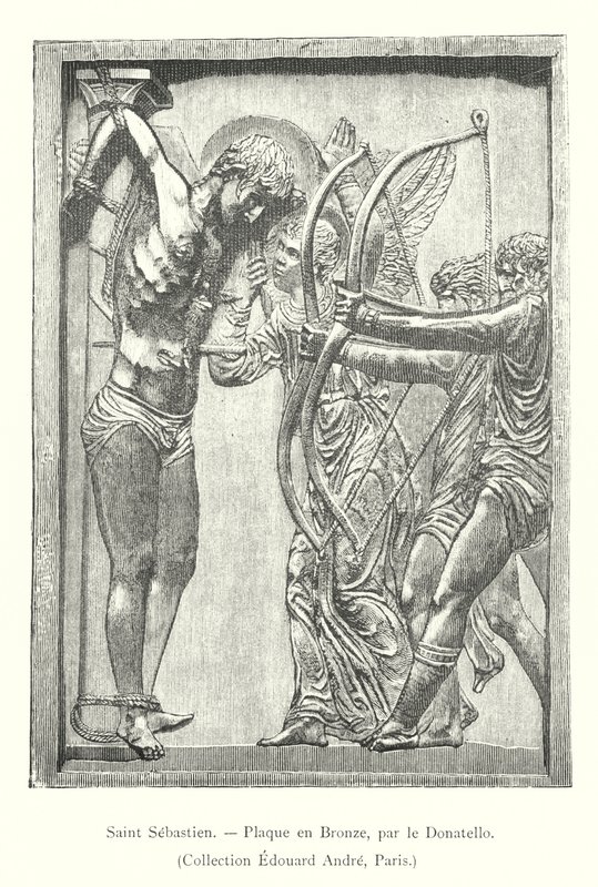 Saint Sebastien, bronseplakett, av Donatello, Collection Edouard Andre, Paris (gravering) av Italian School