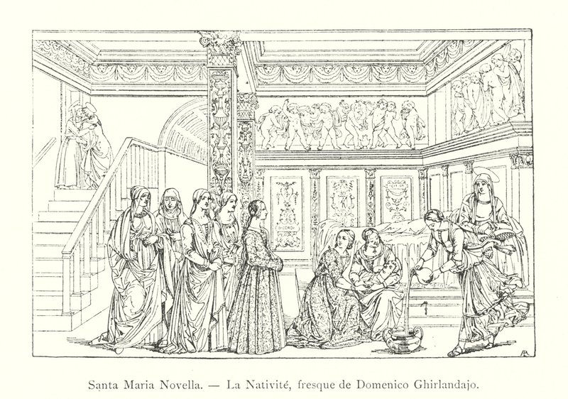 Santa Maria Novella, La Nativite, fresque de Domenico Ghirlandaio (gravering) av Italian School