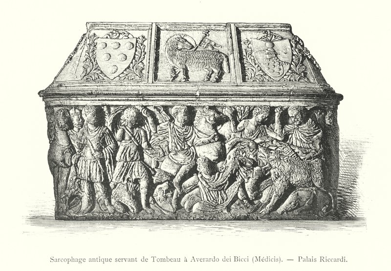 Gammel sarkofag som tjener som graven til Averardo dei Bicci, Medicis, Riccardi-palasset (gravering) av Italian School