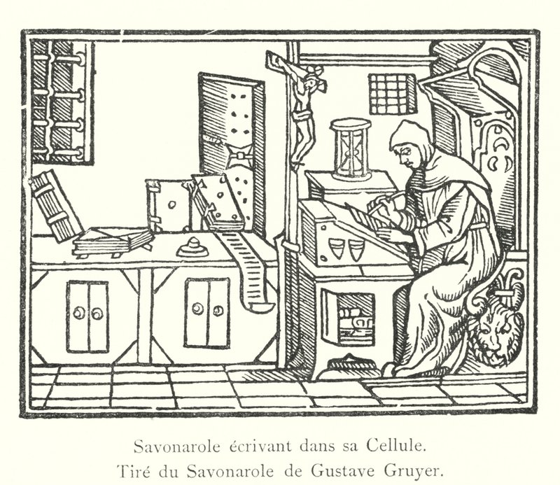 Savonarola skriver i sin celle, fra Savonarola av Gustave Gruyer (gravering) av Italian School