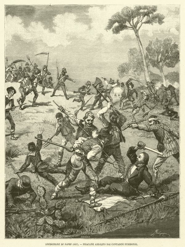 Ekspedisjon av Sapri (1857), Pisacane angrepet av rasende bønder (gravering) av Italian School