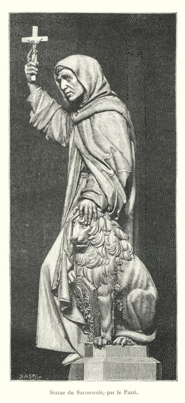 Statue av Savonarola, av Pazzi (gravering) av Italian School