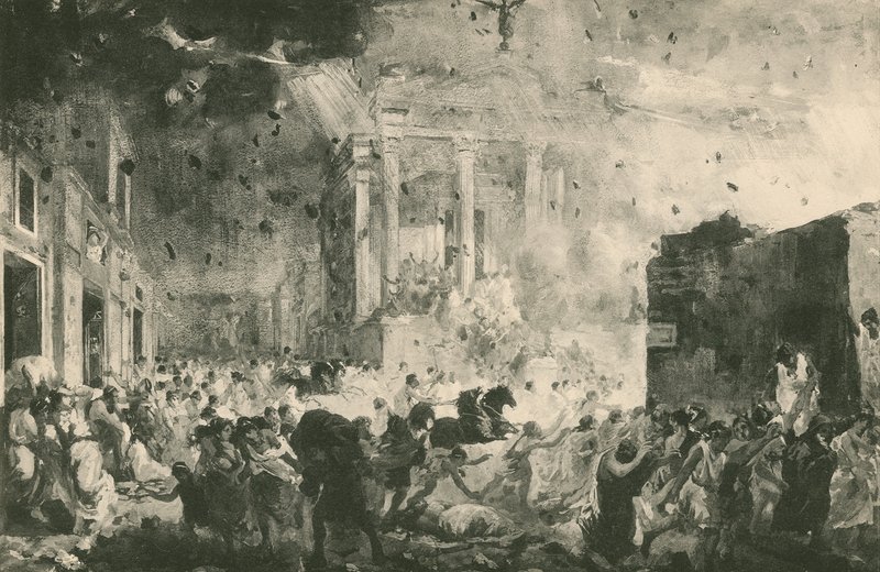 Ødeleggelsen av Pompeii før Fortune Temple (gravyr) av Italian School