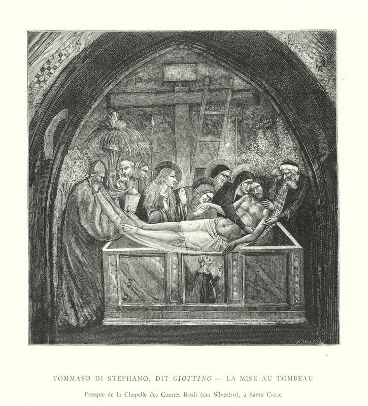 Tommaso di Stephano, dit Giottino, La Mise au Tombeau, Fresco de la Chapelle des Comtes Bardi, san Silvestro, en Santa Croce (gravering) av Italian School