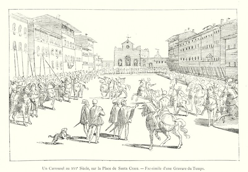 En karusell på 1500-tallet, på Plaza de Santa Croce, faksimile av en gravering fra tid (gravering) av Italian School
