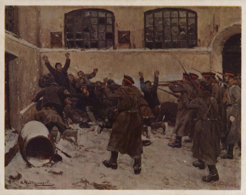 Russiske soldater skjøt demonstranter i Presnya-distriktet i Moskva under revolusjonen i 1905 (farge litho) av Ivan Alexeyevich (after) Vladimirov