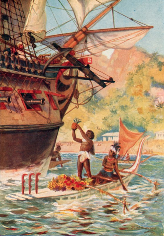 Marquesas Islanders bytter frukt med Captain Cooks-ekspedisjonen av J. Williamson