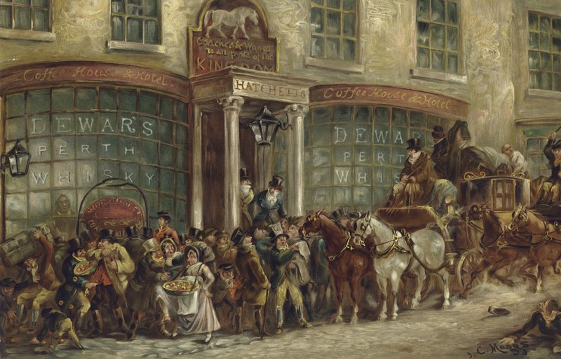 White Horse Cellar Hatchetts, Piccadilly, London (chromolitho) av J.C. Maggs