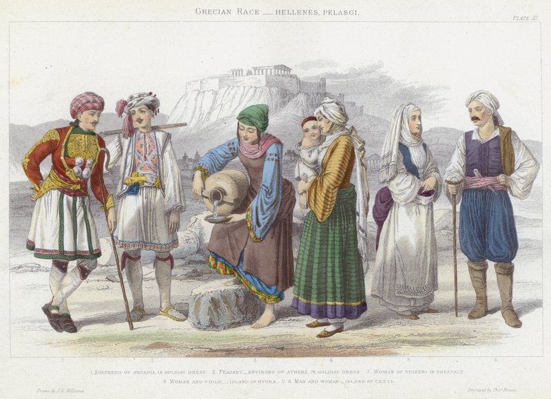 Grecian Race, Hellenes, Pelasgi (farget gravering) av J.L. (after) Williams