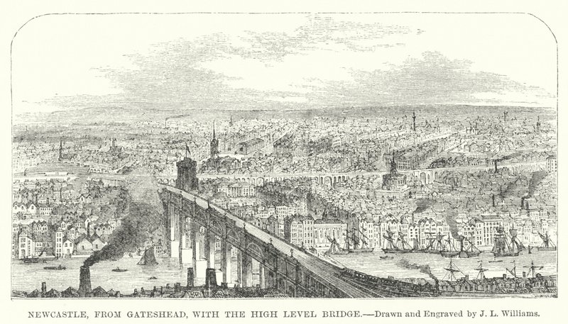 Newcastle, fra Gateshead, med High Level Bridge (gravering) av J.L. (after) Williams