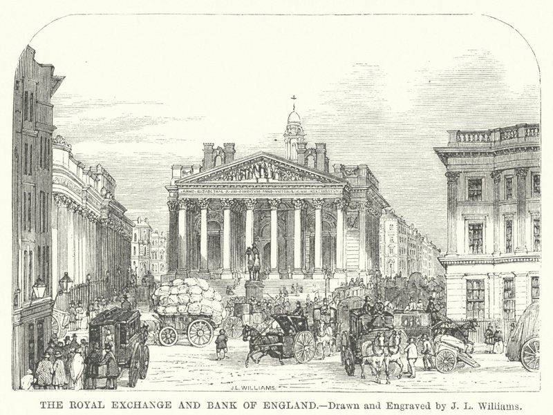 Royal Exchange og Bank of England (gravering) av J.L. (after) Williams