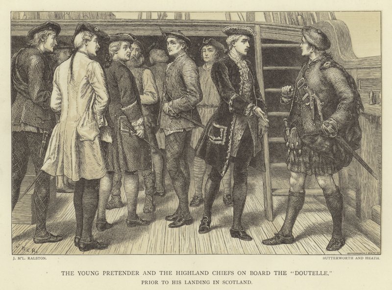 The Young Pretender og Highland Chiefs om bord på Doutelle før han landet i Skottland av J.M.L. Ralston