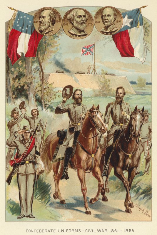 Konfødererte uniformer, borgerkrig 1861–1865 (litho-farge) av J. (after) Steeple Davis