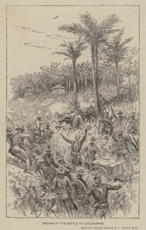 Åpning av slaget ved Las Guasimas (litho) av J. (after) Steeple Davis