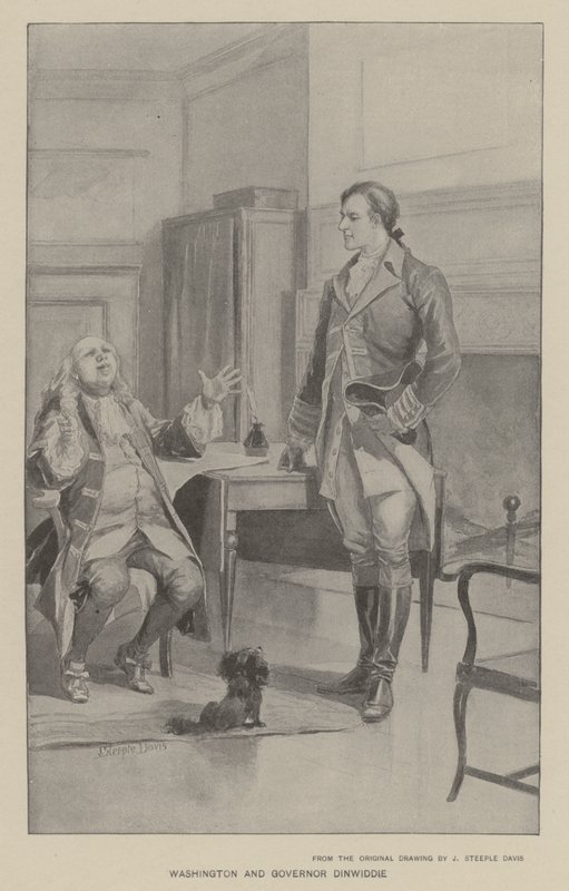 Washington og guvernør Dinwiddie (litho) av J. (after) Steeple Davis