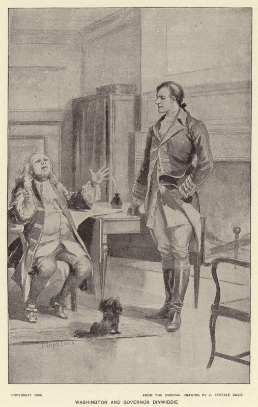 Washington og guvernør Dinwiddie (litho) av J. (after) Steeple Davis
