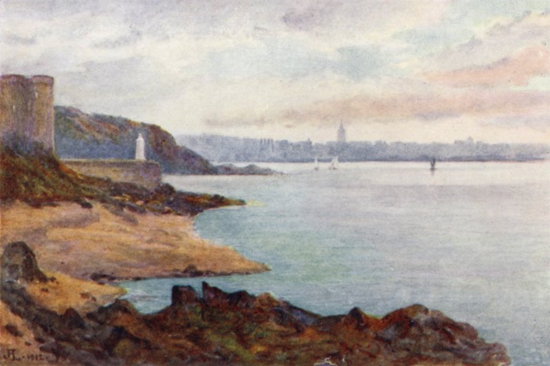 Mole des Noires og Dinard, fra St Malo Beach (farge litho) av J. Hardwicke Lewis
