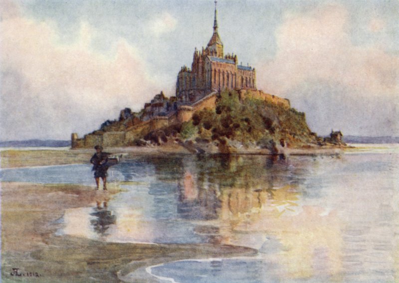 Mont St Michel fra Tombelaine, Evening (farge litho) av J. Hardwicke Lewis